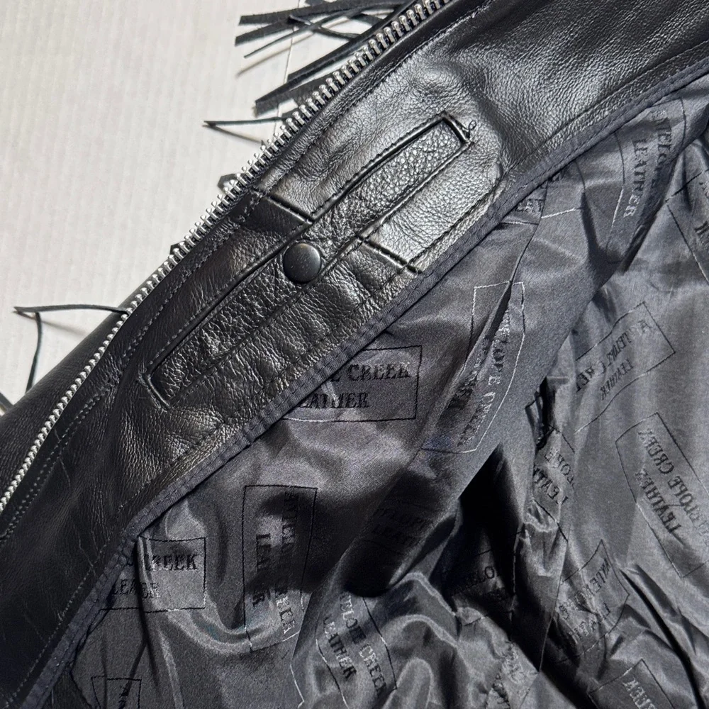 Rose Suede Inlay Black Leather Fringe Braided Moto Biker Jacket High Quality M/L - Picture 11 of 16